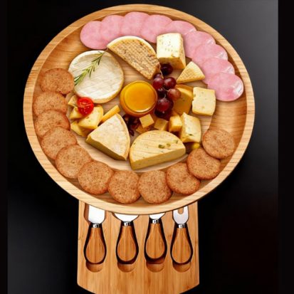 Round Bamboo Cheese Board Set with 4 Stainless Steel Tools